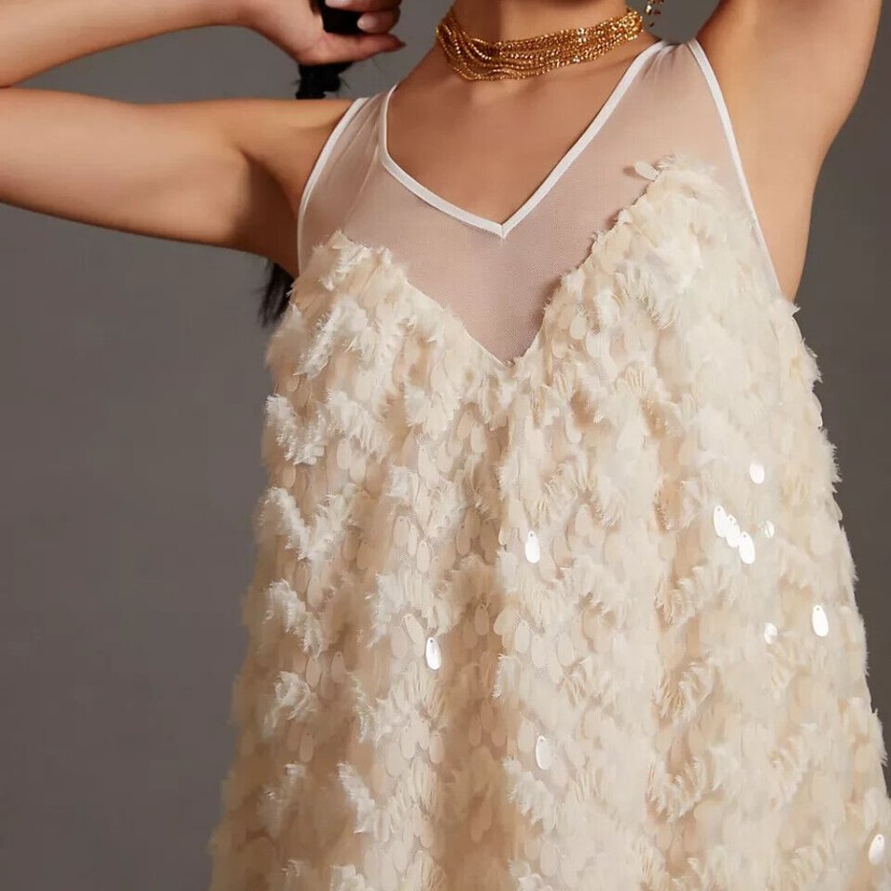 Anthropologie 3X NWT Textured Sequin Mini Dress Paillettes Cream New 230$ - Picture 8 of 9